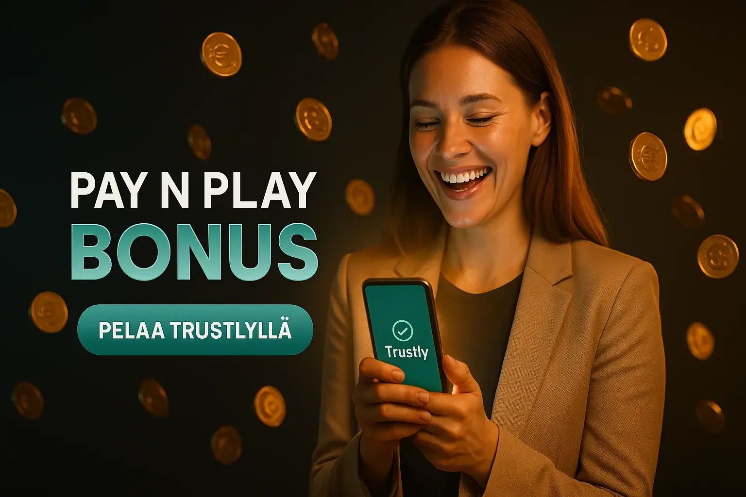 Leveä suomalainen kasinobanneri, nainen pitelee hehkuvaa Trustly-maksupuhelinta ja kolikoita