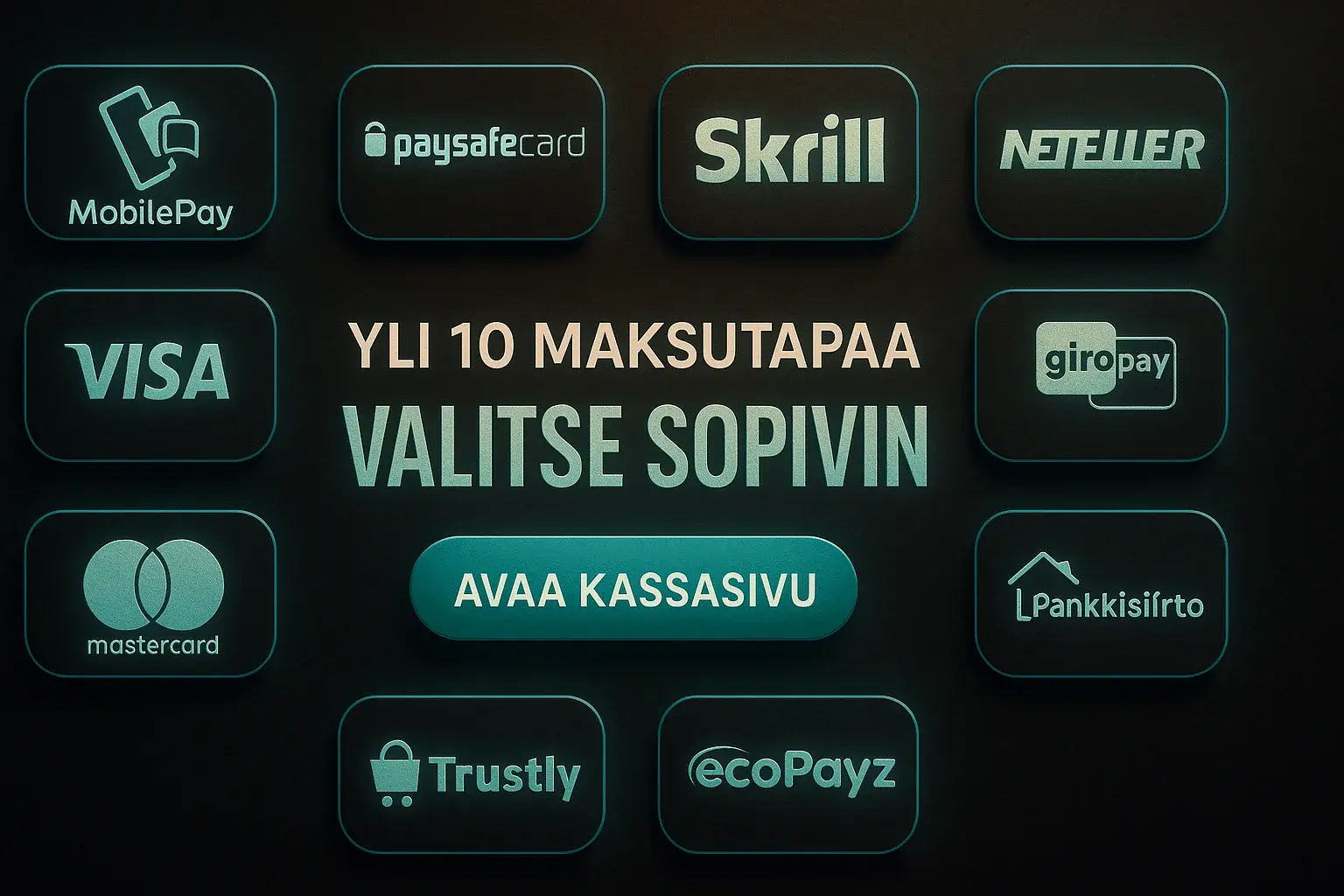 Fotorealistinen suomalainen kasinobanneri, 10 maksutapamerkkiä ja CTA-painike