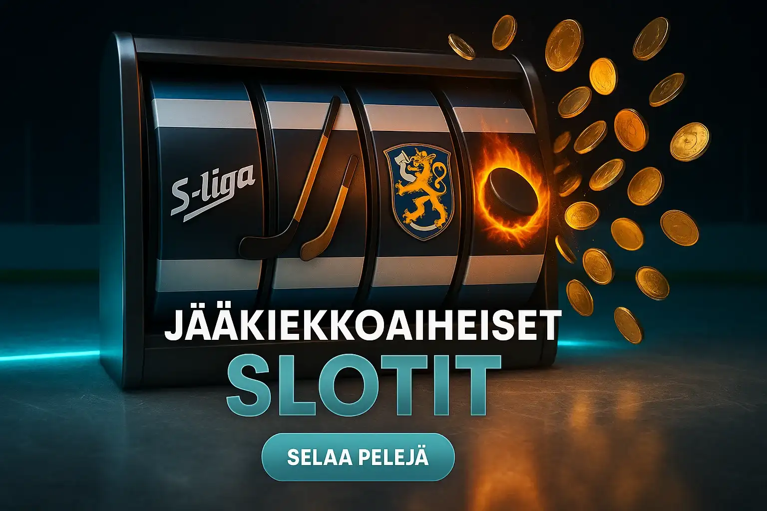 Fotorealistinen suomalainen kasinobanneri, jääkiekkoaiheiset slotit, kolikkoräjähdys ja CTA
