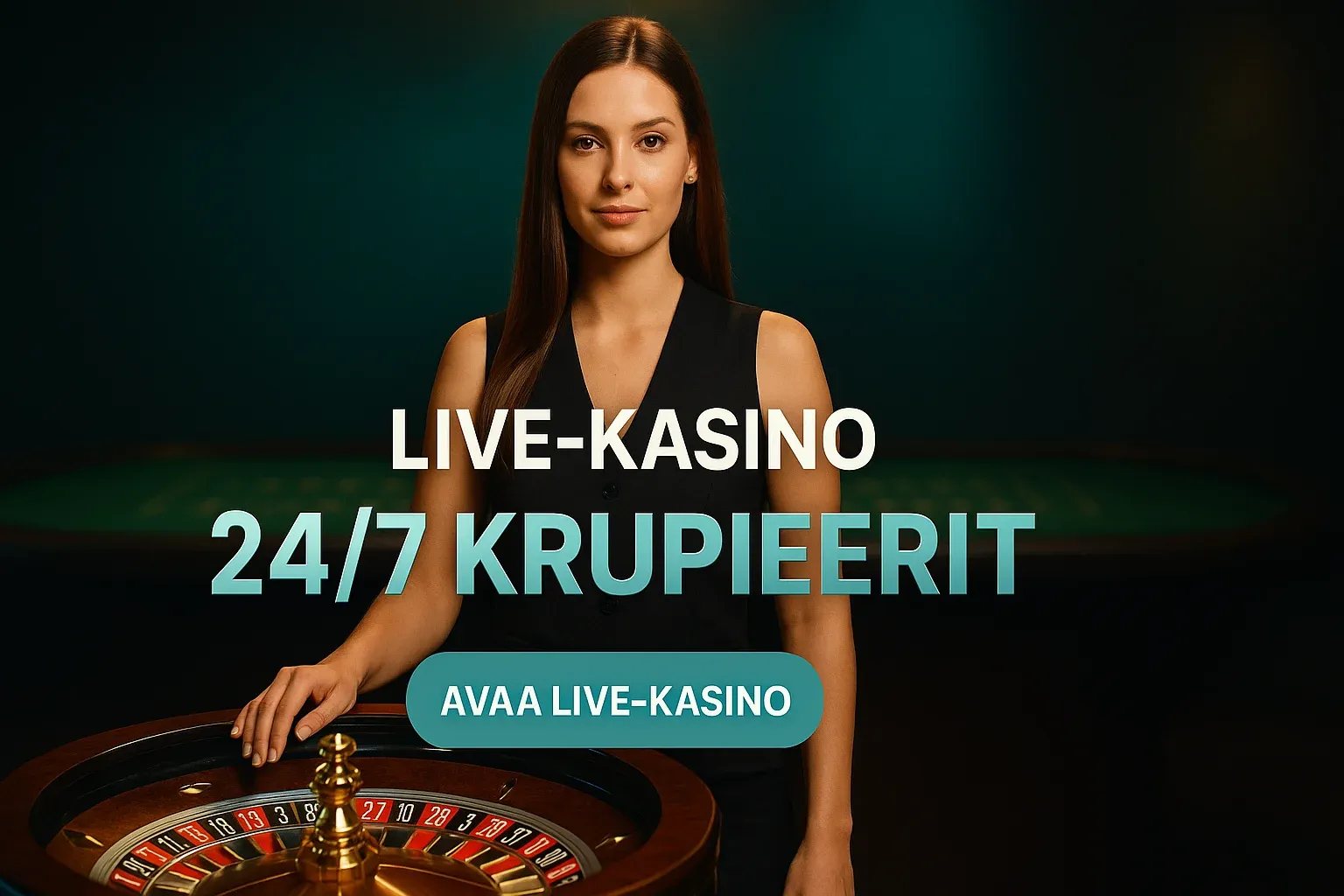 Fotorealistinen live-kasinobanneri, suomalainen krupieeri ja rulettipyörä, 16:9