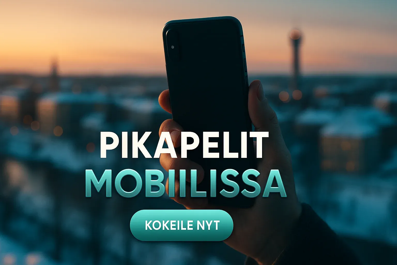 Suomalainen kasinomainosbanneri, käsi pitelee puhelinta talvikaupungin taustalla