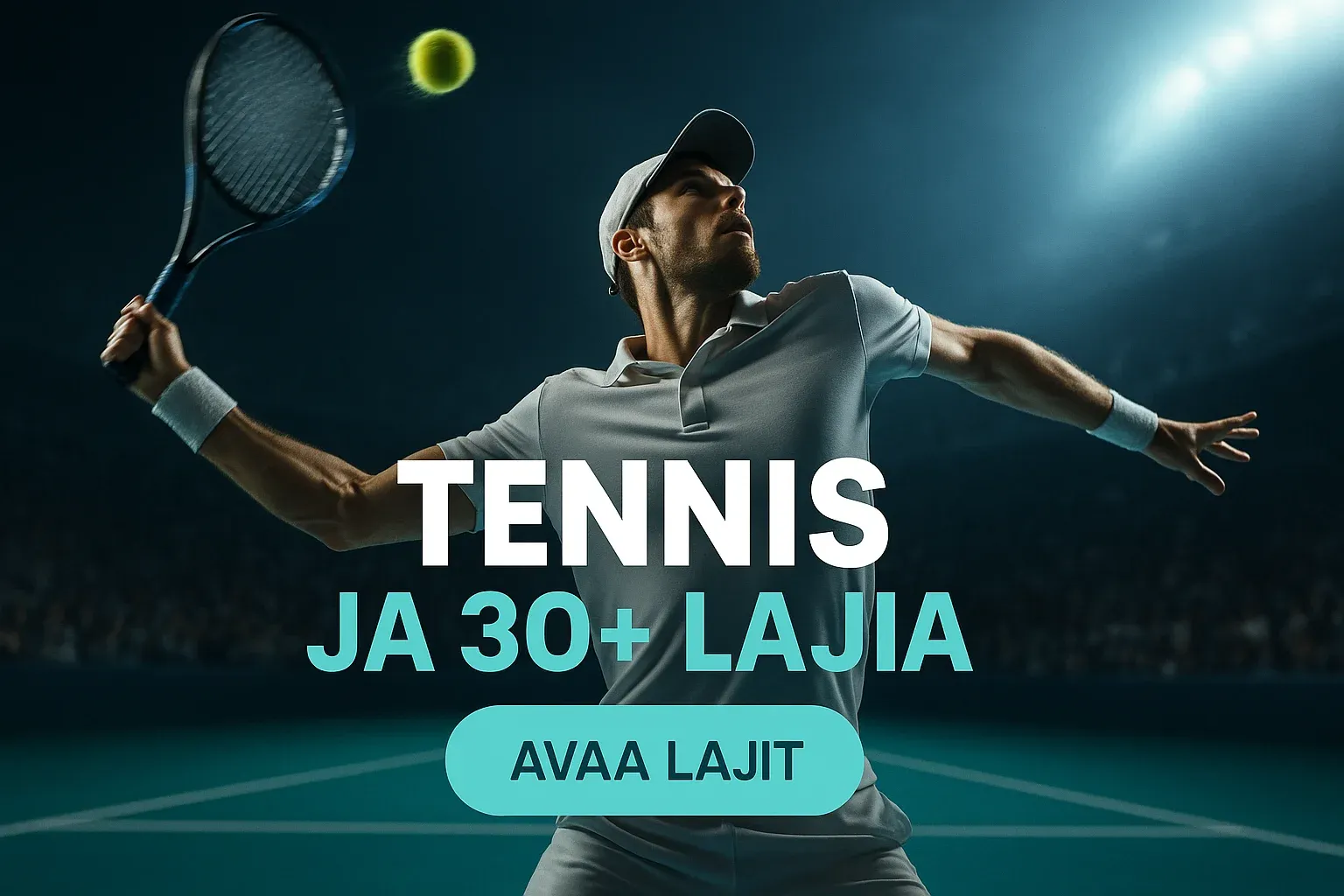 Fotorealistinen tennisvedonlyönnin kasinomainosbanneri, pelaaja syöttää stadionilla, CTA-painike